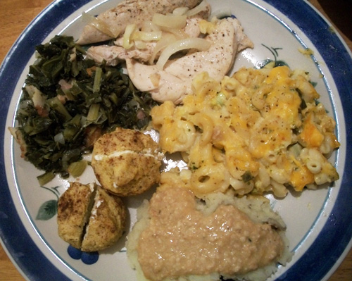 Collard Greens, Mac & Cheese, Corn Muffins, BBQ Chicken, Mashed Potatoes and Vegan Gravy
